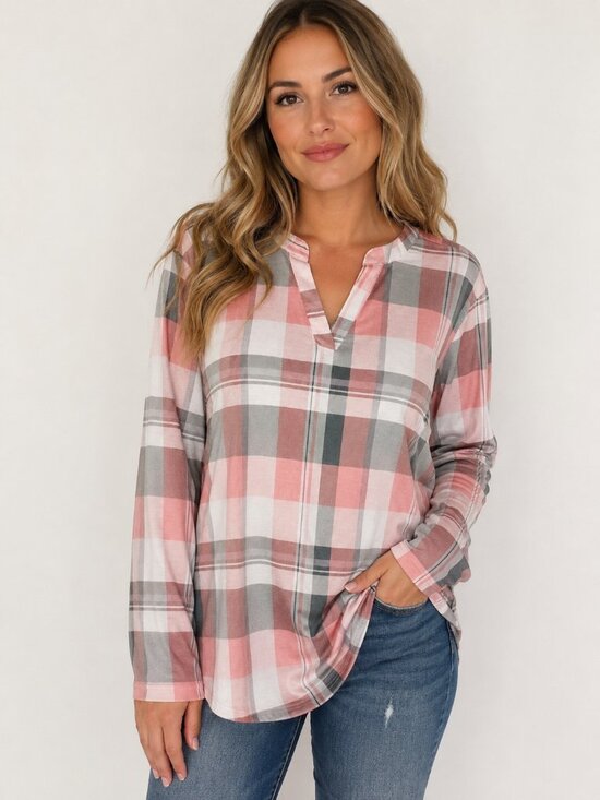 None Tops - Soft Plaid Long Sleeve Tunic Top Pink Gray White Split Neck Lightweight Blouse